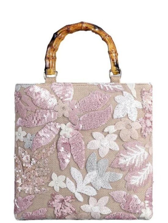 Handbags - Elegant Floral Pattern Bag with Bamboo Handle